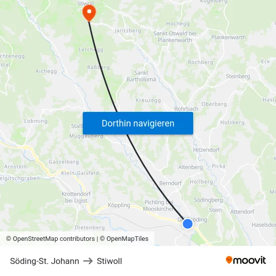 Söding-St. Johann to Stiwoll map