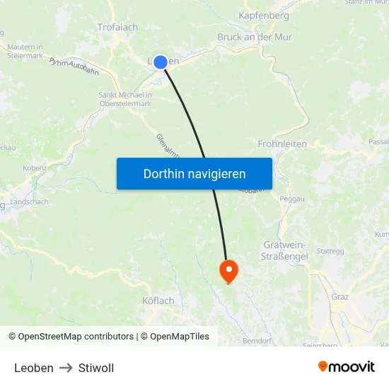 Leoben to Stiwoll map
