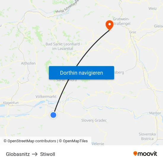Globasnitz to Stiwoll map