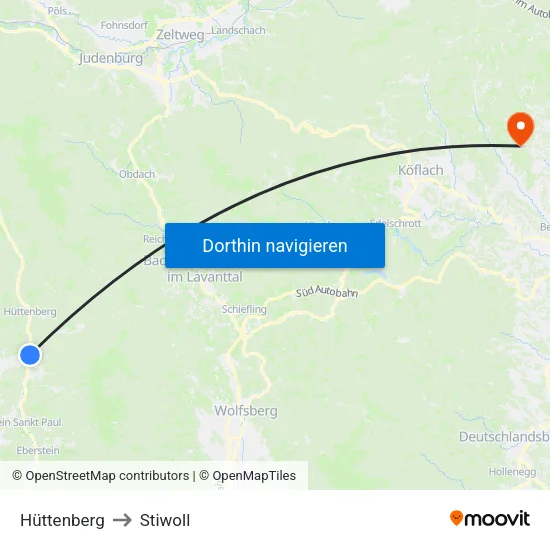 Hüttenberg to Stiwoll map