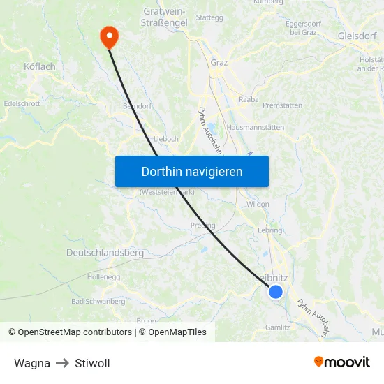 Wagna to Stiwoll map