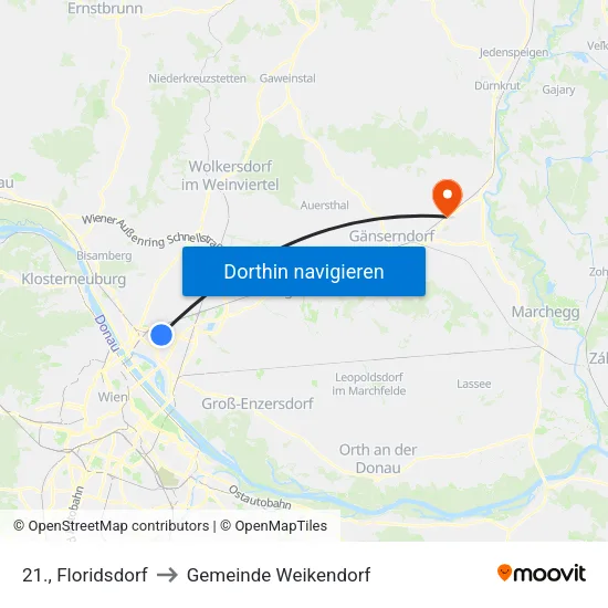 21., Floridsdorf to Gemeinde Weikendorf map