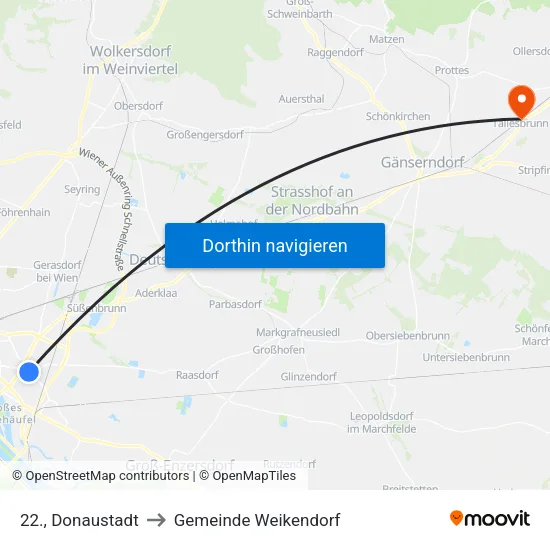22., Donaustadt to Gemeinde Weikendorf map