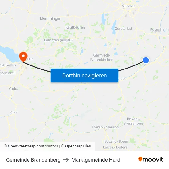 Gemeinde Brandenberg to Marktgemeinde Hard map
