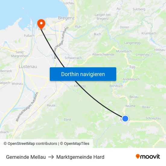 Gemeinde Mellau to Marktgemeinde Hard map