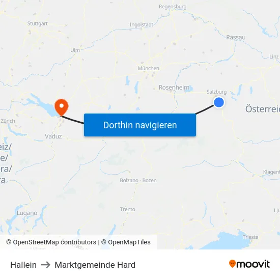 Hallein to Marktgemeinde Hard map