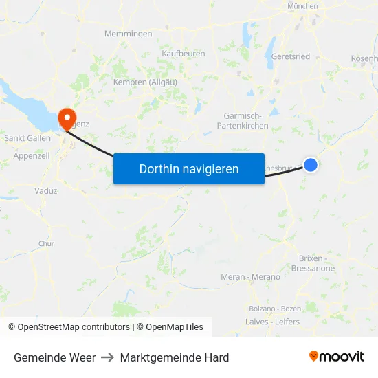 Gemeinde Weer to Marktgemeinde Hard map