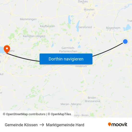 Gemeinde Kössen to Marktgemeinde Hard map
