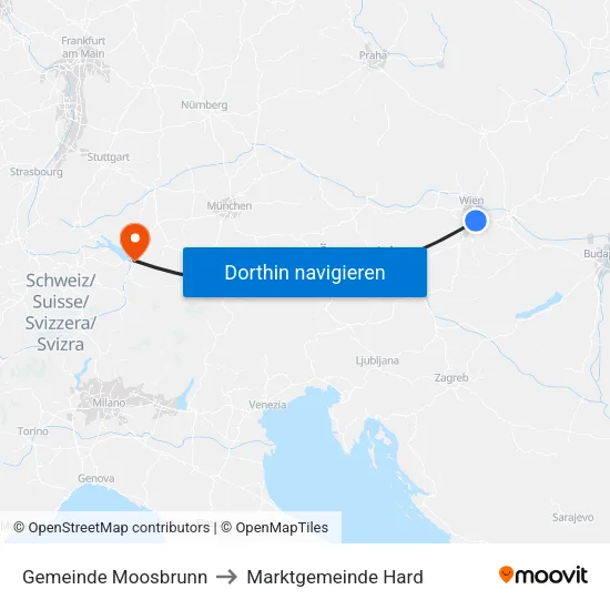 Gemeinde Moosbrunn to Marktgemeinde Hard map