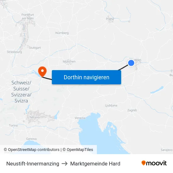 Neustift-Innermanzing to Marktgemeinde Hard map