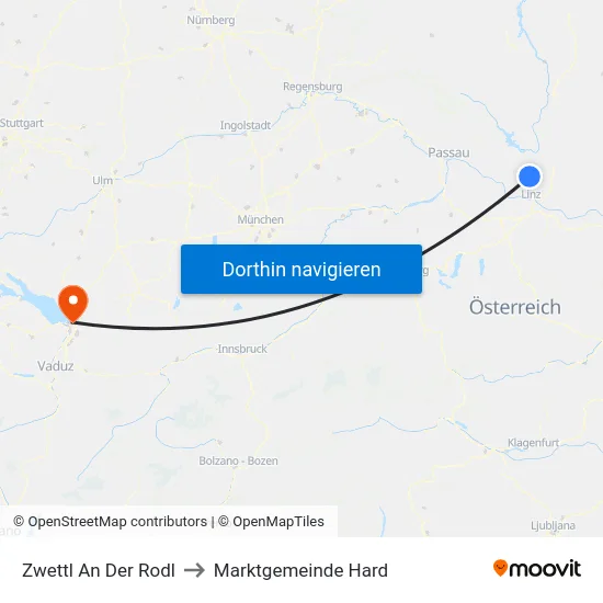 Zwettl An Der Rodl to Marktgemeinde Hard map