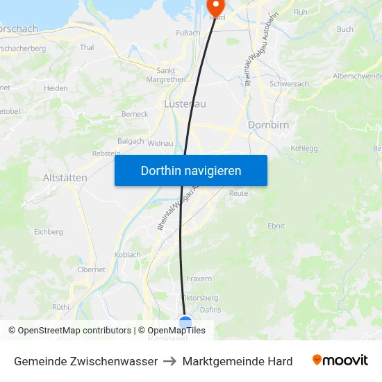 Gemeinde Zwischenwasser to Marktgemeinde Hard map