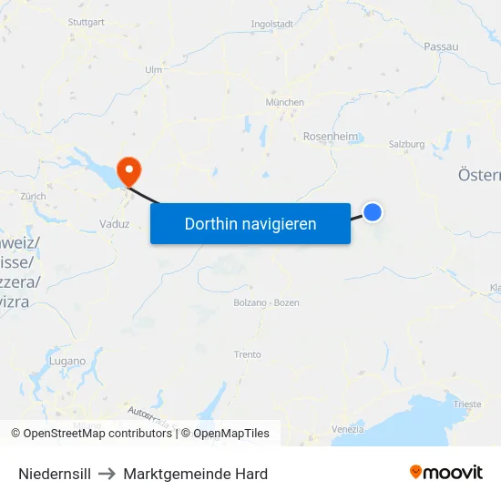 Niedernsill to Marktgemeinde Hard map
