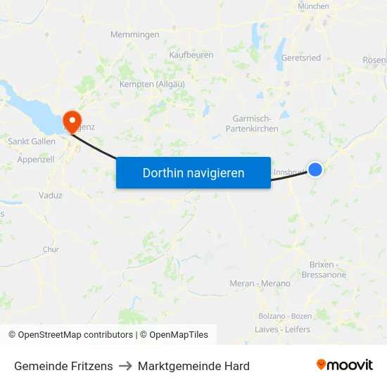Gemeinde Fritzens to Marktgemeinde Hard map