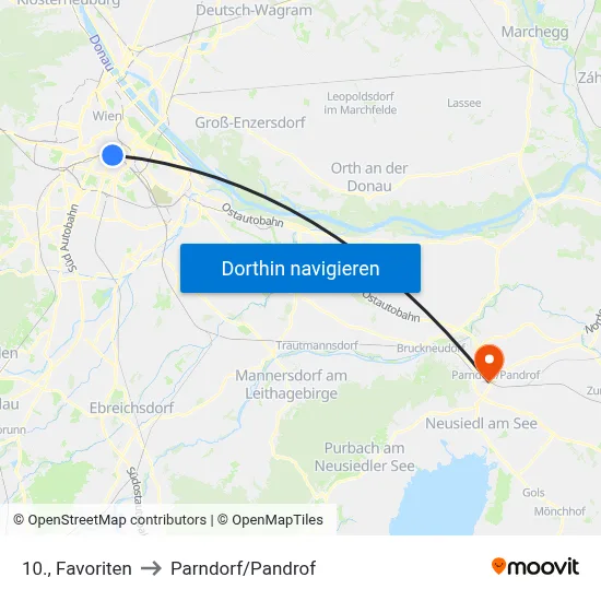 10., Favoriten to Parndorf/Pandrof map
