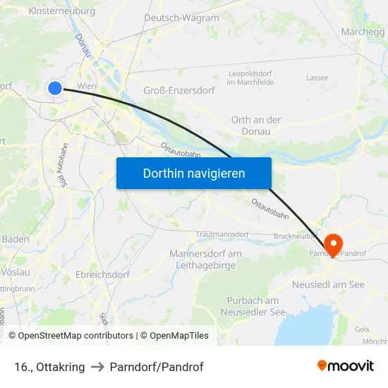 16., Ottakring to Parndorf/Pandrof map