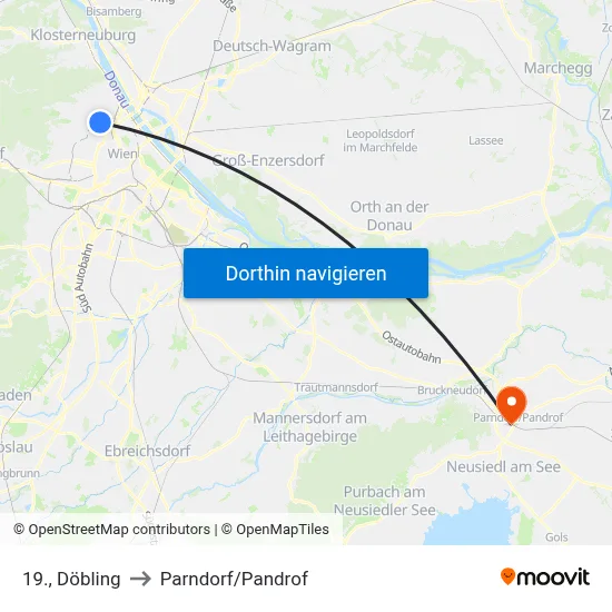 19., Döbling to Parndorf/Pandrof map