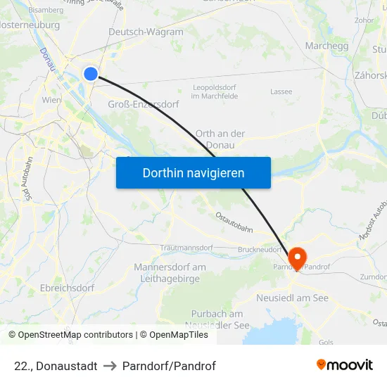 22., Donaustadt to Parndorf/Pandrof map