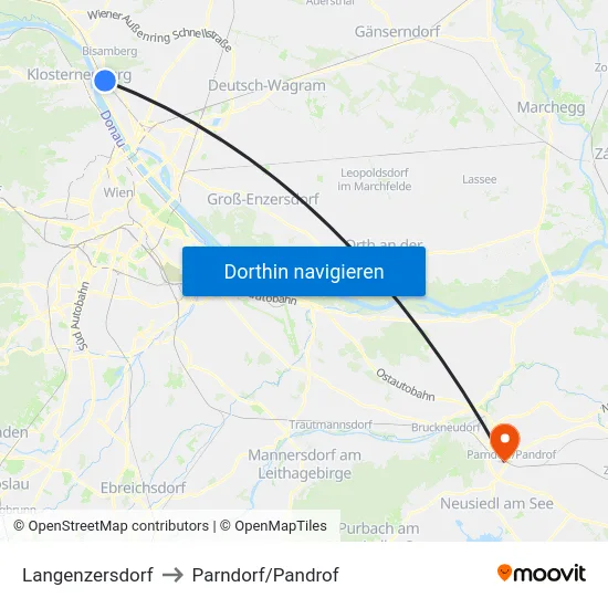 Langenzersdorf to Parndorf/Pandrof map