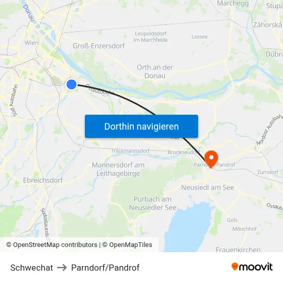 Schwechat to Parndorf/Pandrof map