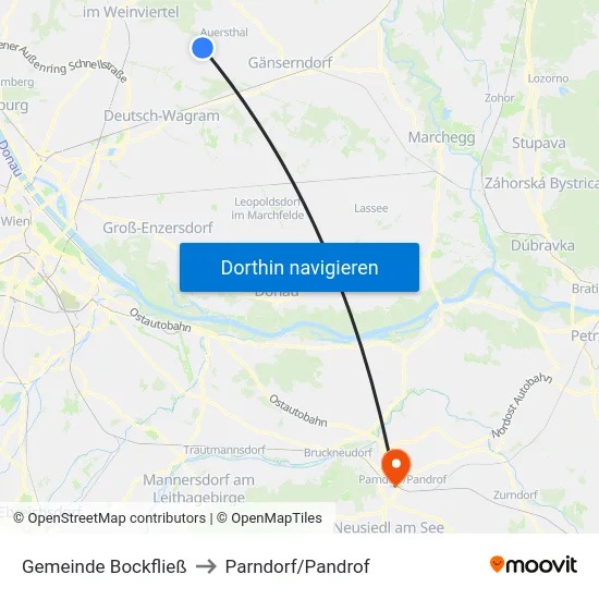 Gemeinde Bockfließ to Parndorf/Pandrof map