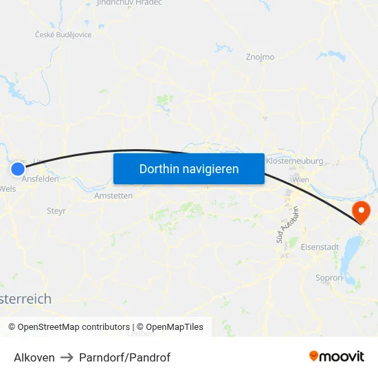 Alkoven to Parndorf/Pandrof map