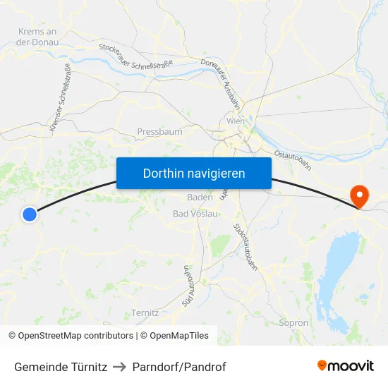 Gemeinde Türnitz to Parndorf/Pandrof map