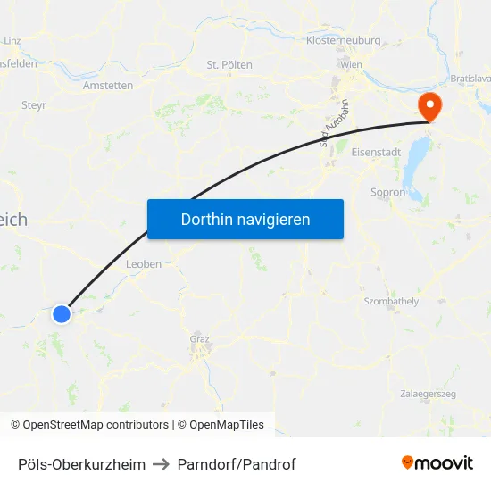 Pöls-Oberkurzheim to Parndorf/Pandrof map
