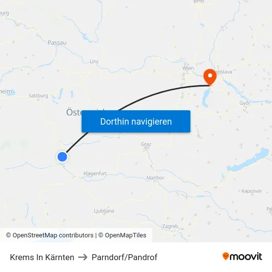 Krems In Kärnten to Parndorf/Pandrof map
