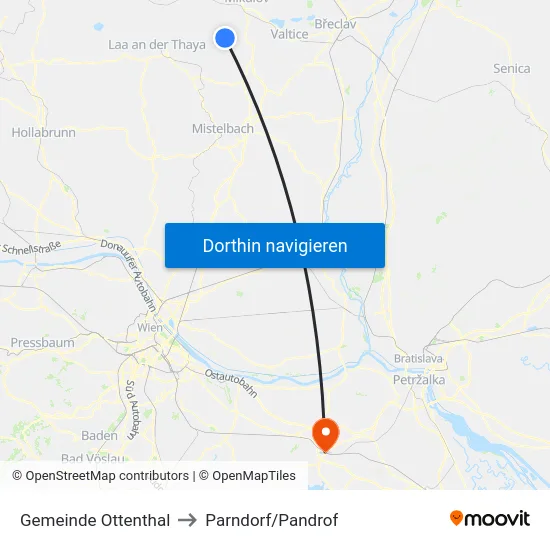 Gemeinde Ottenthal to Parndorf/Pandrof map