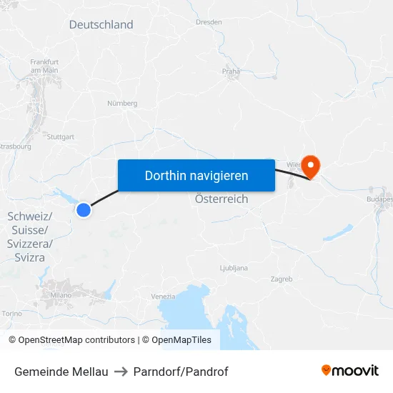 Gemeinde Mellau to Parndorf/Pandrof map