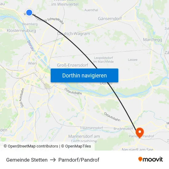 Gemeinde Stetten to Parndorf/Pandrof map