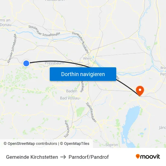 Gemeinde Kirchstetten to Parndorf/Pandrof map
