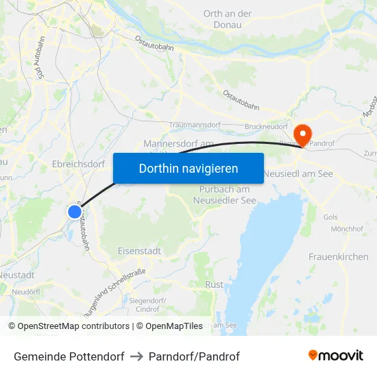 Gemeinde Pottendorf to Parndorf/Pandrof map