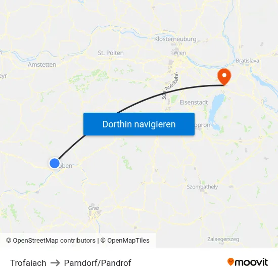 Trofaiach to Parndorf/Pandrof map
