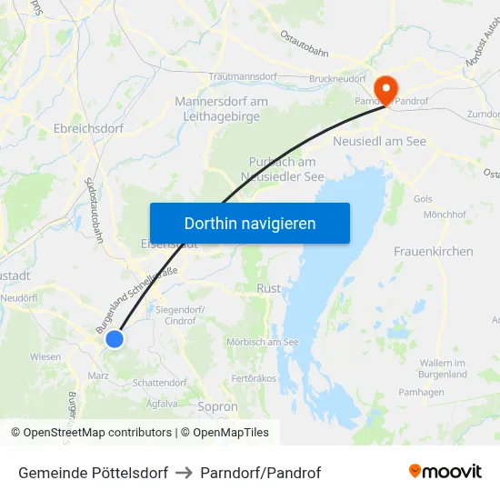 Gemeinde Pöttelsdorf to Parndorf/Pandrof map