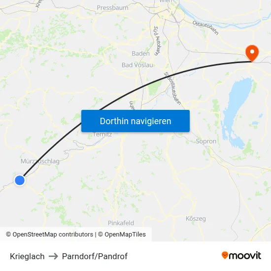 Krieglach to Parndorf/Pandrof map