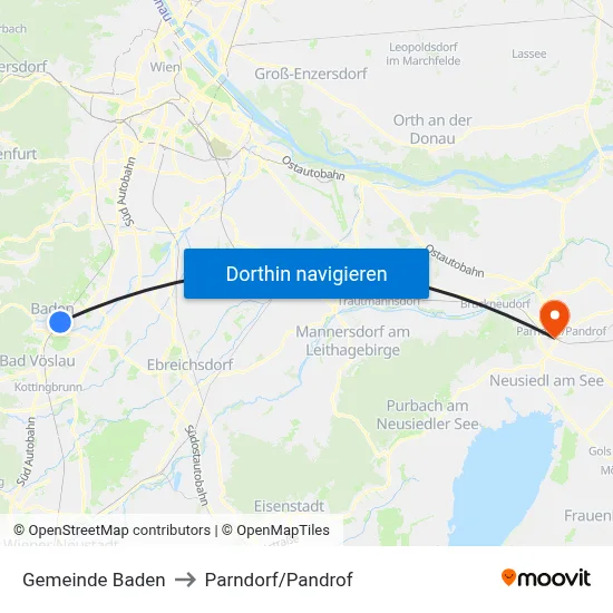 Gemeinde Baden to Parndorf/Pandrof map