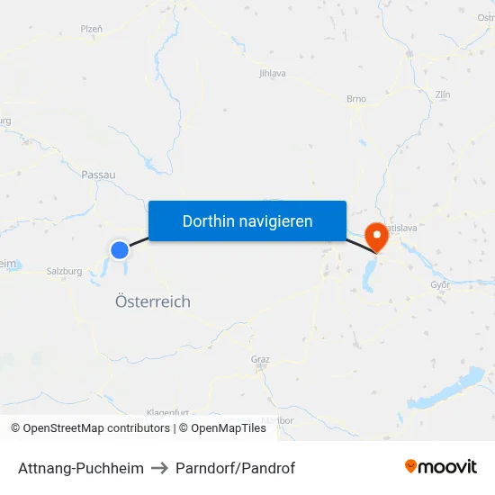 Attnang-Puchheim to Parndorf/Pandrof map