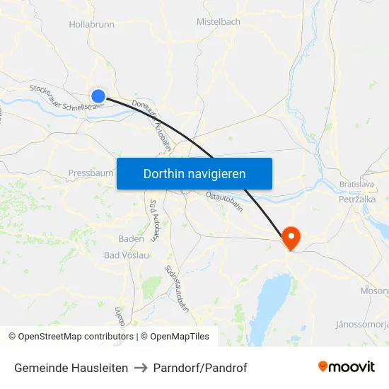 Gemeinde Hausleiten to Parndorf/Pandrof map