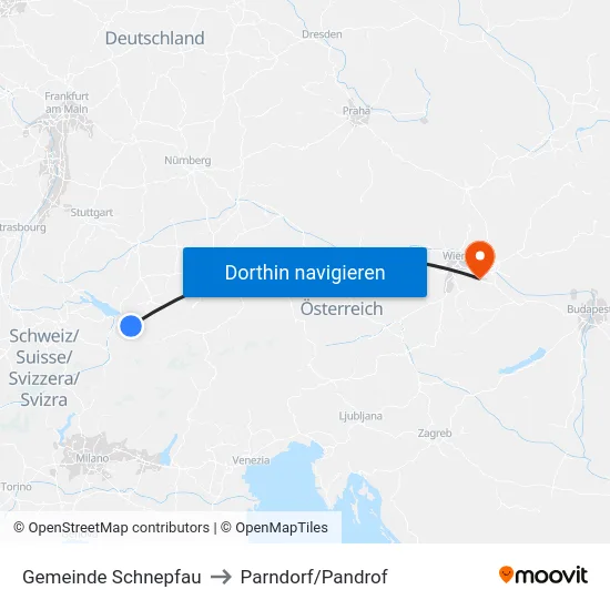 Gemeinde Schnepfau to Parndorf/Pandrof map