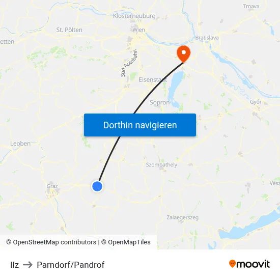 Ilz to Parndorf/Pandrof map