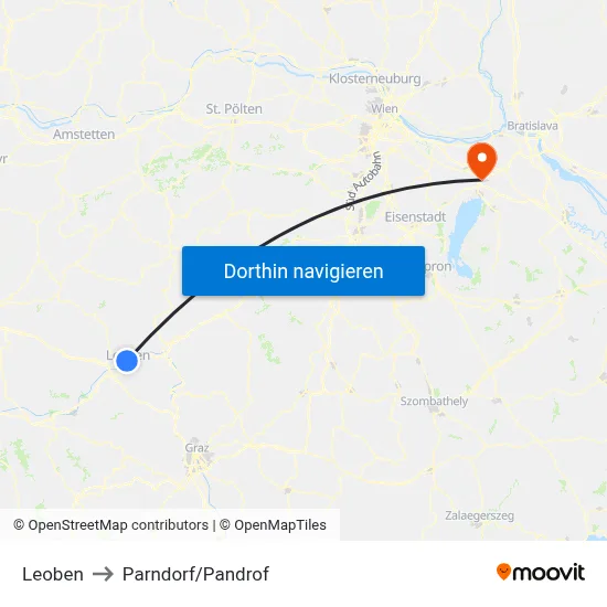 Leoben to Parndorf/Pandrof map