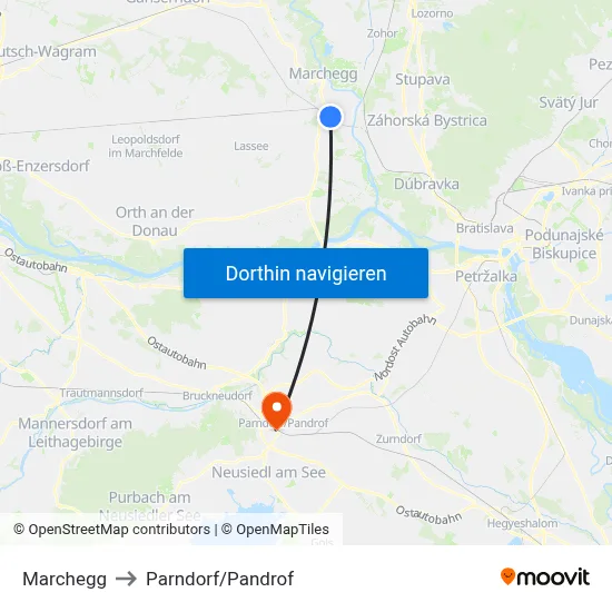 Marchegg to Parndorf/Pandrof map