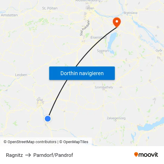 Ragnitz to Parndorf/Pandrof map