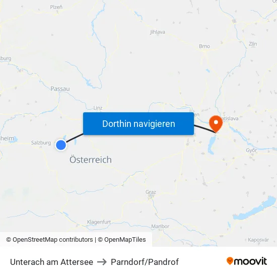 Unterach am Attersee to Parndorf/Pandrof map
