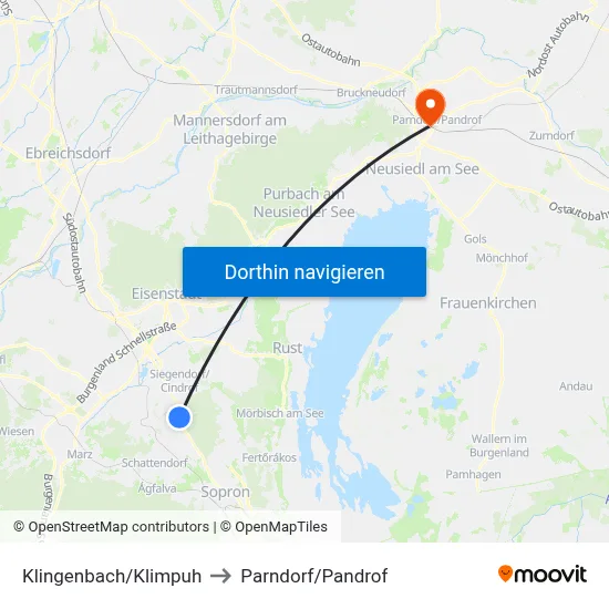 Klingenbach/Klimpuh to Parndorf/Pandrof map