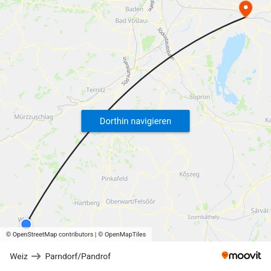 Weiz to Parndorf/Pandrof map