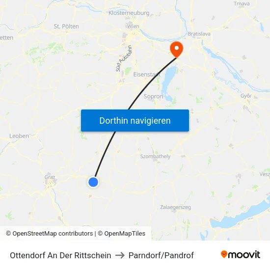 Ottendorf An Der Rittschein to Parndorf/Pandrof map