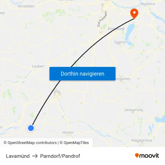 Lavamünd to Parndorf/Pandrof map